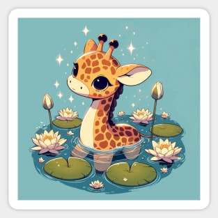 Kawaii Anime Giraffe Bath With Water Lily Sticker